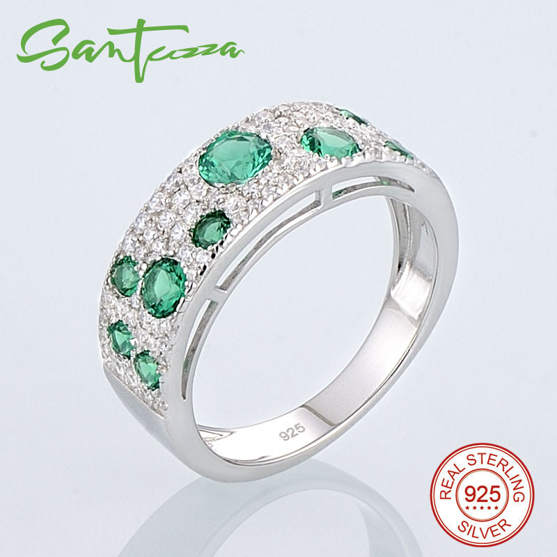 SANTUZZA Jewelry Set For Women Authentic 100% 925 Sterling Silver Shimmering Wish Green CZ Earrings Ring Set Fashion Jewelry