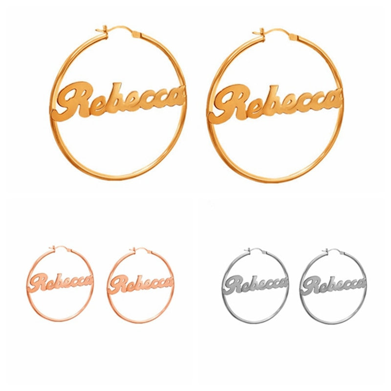 1 Pair Custom Name Earrings Personalized Big Nameplate Handmade Hoop Earring Stainless Steel Round Geometry Jewelry Girls Gifts