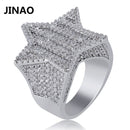 JINAO Neues Design Goldfarbe fünfzackiger Sternring Mikro gepflasterter großer Zirkon glänzender Hip-Hop-Fingerring für Männer-Frauen-Geschenk