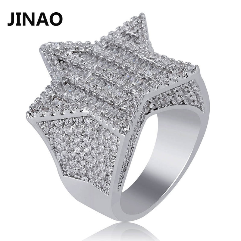 JINAO, nuevo diseño, anillo de estrella de cinco puntas de Color dorado, anillo de dedo de Hip Hop brillante de circón grande Micro pavimentado para hombres y mujeres, regalo
