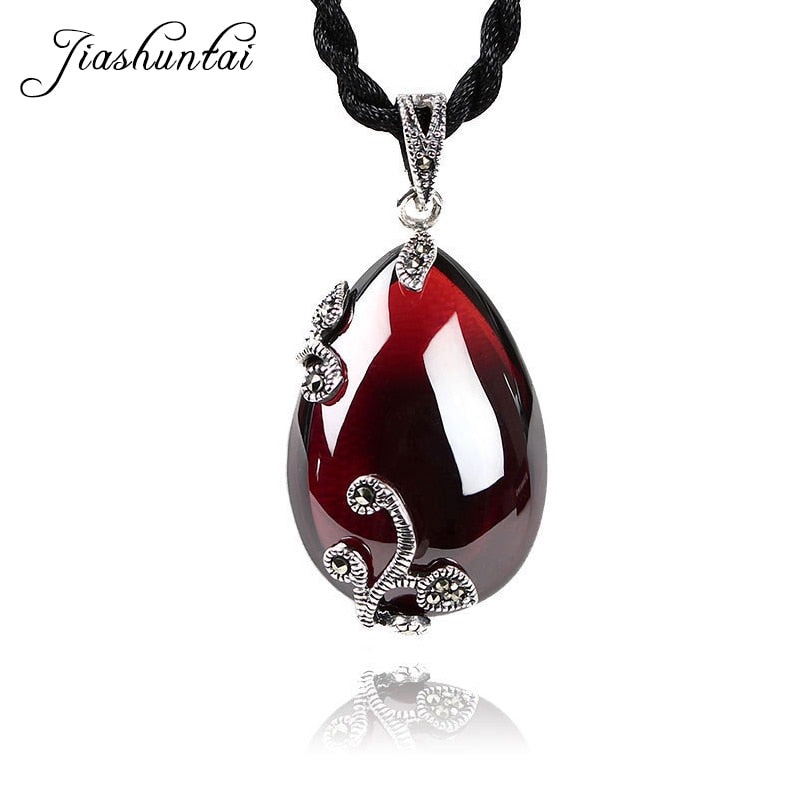 JIASHUNTAI Retro Roter Granat Edelstein 925 Silber Sterling Anhänger Halskette Weiblicher Silberschmuck Für Frauen Blumendesign