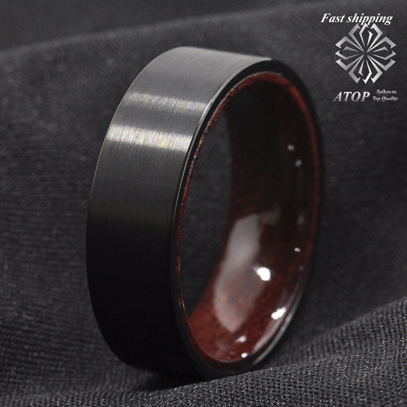 8mm negro cepillado tungsteno rojo sandalia incrustaciones de madera anillo de boda anillo joyería de los hombres envío gratis