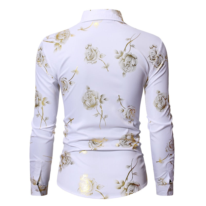 Herren Gold Rose Blumendruck Hemden Marke Floral Steampunk Chemise Weiß Langarm Hochzeit Party Bronzing Camisa Masculina