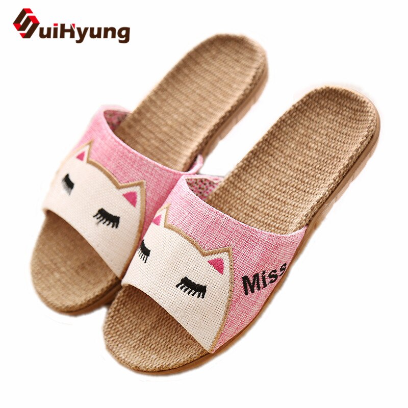 Suihyung Flax Slippers Women Summer Beach Shoes Cute Cat Flip Flops Breathable Slides Girls Indoor Linen Slippers Female Sandals