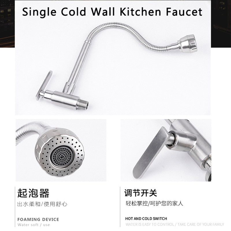 Stainless Steel Wall Mounted Kitchen Faucet Wall Kitchen Mixers Kitchen Sink Tap 360 Degree Swivel Flexible Hose Double Holes