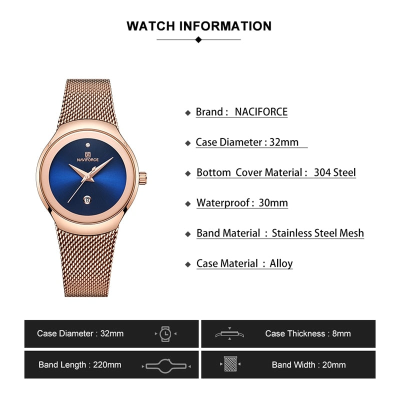 NAVIFORCE Luxury Brand Watches for Women Fashion Casual Ladies Quartz Wristwatch Rose Gold Stainless Steel Waterproof Clock Girl