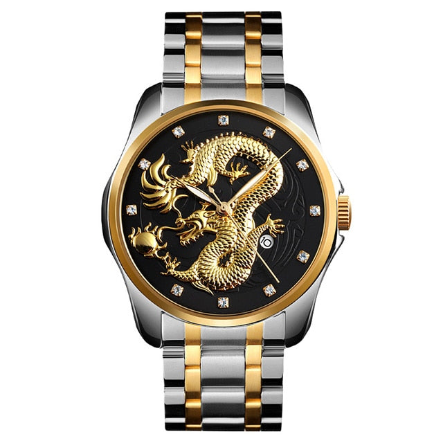 2020 SKMEI lujo dragón chino patrón hombres reloj de cuarzo dorado relojes masculinos relojes de pulsera impermeables Relogio Masculino 9193