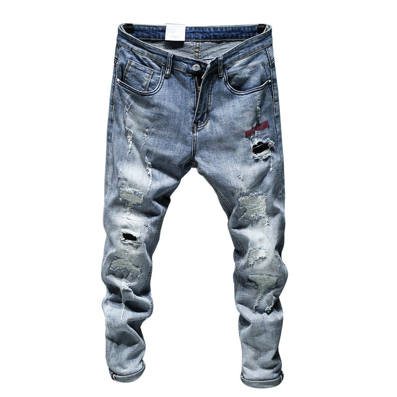 Ripped Jeans For Men Skinny Slim Fit Light Blue Spring 2021 New Frayed Streetwear Hip Hop Denim Pants Patchwork Men&