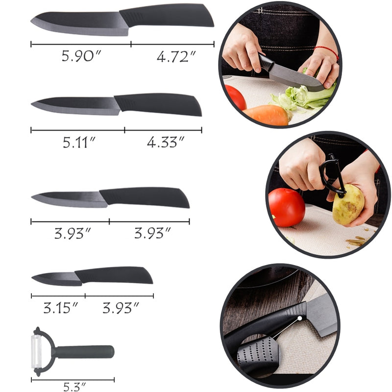 Cuchillos de cerámica Cocina 6 "Chef's, 5" Santoku, 4 "Utilidad, 3" Pelar, Set + pelador Cook Set Zirconia Blade Fruta Vegetal Chef Knife