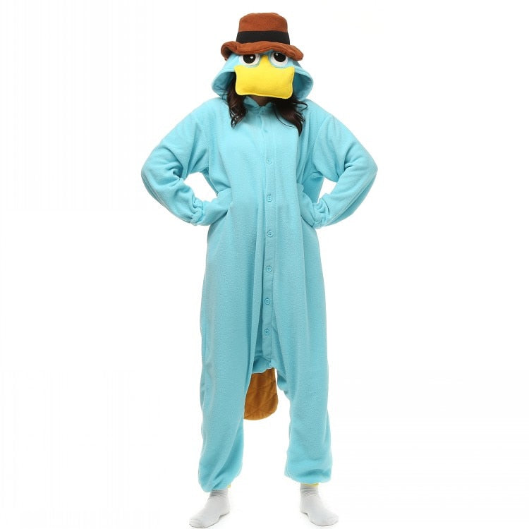 Unisex Perry the Platypus Costumes Teletubbies Onesies Monster Cosplay Pajamas Adult Pyjamas Animal Sleepwear Jumpsuit