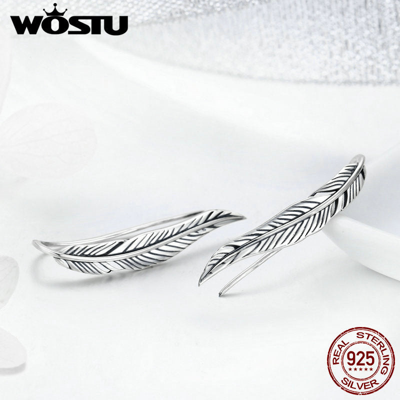 WOSTU Romantic 925 Sterling Silver Vintage Feathers Retro Wings Stud Earrings for Women Luxury Silver Jewelry Gift CQE258