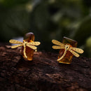 Lotus Fun Real 925 Sterling Silver Natural Amber Handmade Fine Jewelry 18K Gold Cute Dragonfly Stud Earrings for Women Brincos