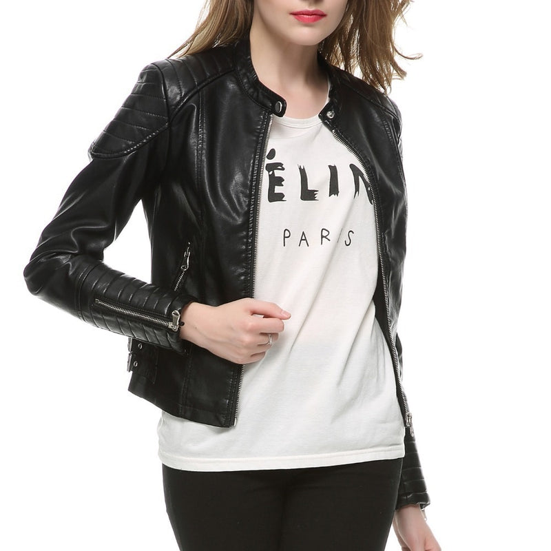 2021 Mode Damen Elegant Reißverschluss Kunstleder Bikerjacke in Braun Schwarz Schlank Damen Mantel Casual Marke Motorrad Ledermantel