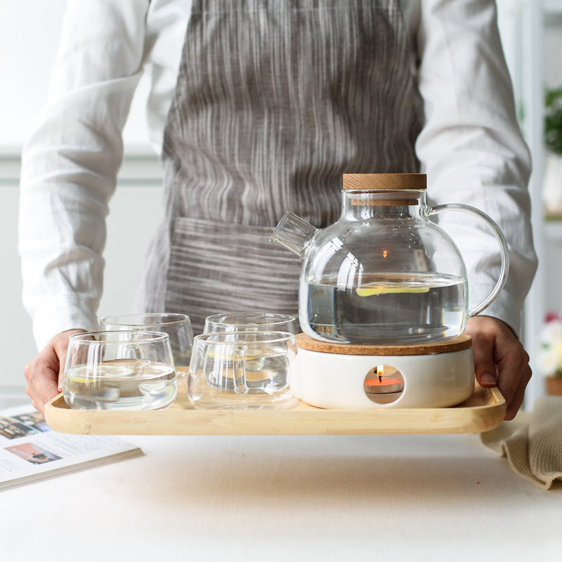 1L/1.8L Large Capacity Drinkware Glass Teapot Teaware Tea Pot Heat-Resistant Kettle Wooden Lid Home Office Coffee Bar Supplies