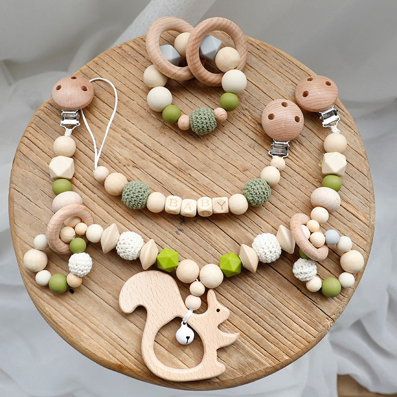 Baby Toys Silicone Beads Teethers Wooden Rings Handmade Bracelet Pacifier Chain Clips Teething Pram Stroller Bell Baby Products