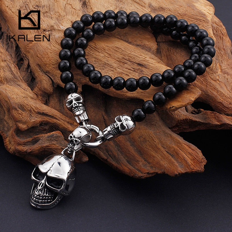 KALEN Afrikanische Glasperlen 47 cm 50 cm 60 cm 75 cm Kette Halsketten Männer Punk Edelstahl Schädel Anhänger Statement Choker Schmuck