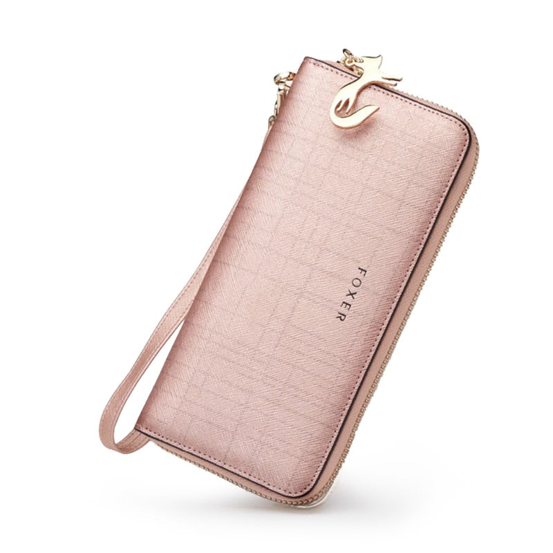 FOXER Women Split Leather Wallet Bifold Clutch Bag with Wristlet Fashion Card Holder Coin Purse Cellphone Bag Female Money Bag