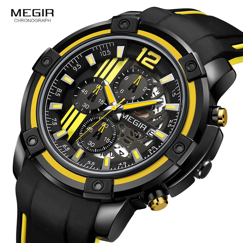 Megir, correa de silicona negra para hombre, relojes de cuarzo, cronógrafo, reloj de pulsera deportivo para hombre, 3atm, manecillas luminosas impermeables, 2097 amarillo