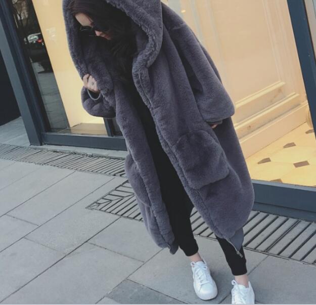 Winter Warm hooded Long Solid color Faux Fur Coat Casual Long sleeve Women Fur Jacket Loose Outwear