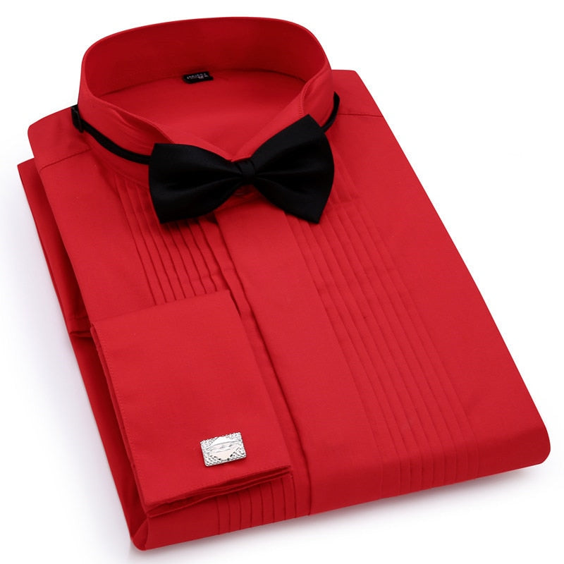 Esmoquin de boda para hombre, camisas de vestir de manga larga, gemelos franceses, pliegue de cola de golondrina, diseño de botones oscuros, camisa de caballero, blanco, rojo y negro