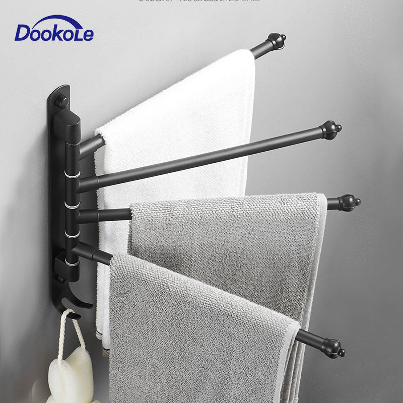 Bathroom Swivel Towel Bar with Hooks, Wall Mounted Swivel Arm Towel Rack Stainless Steel Black Towel Rail Holder with 4 Arms