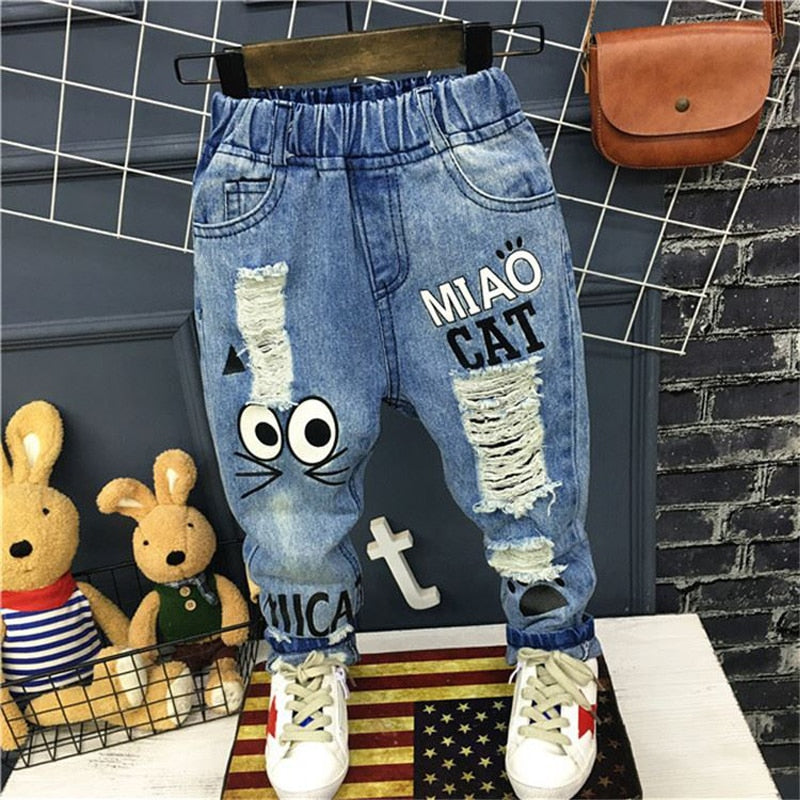 New Girls Jeans Spring Autumn Children Trousers 1-7Yrs Baby Boys Girls Jeans Boys Casual Hole Pants Cartoon Cat Jeans Kids Pants