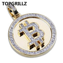 TOPGRILLZ Hip Hop Gold Color Color Plated Iced Out Micro Pave Zirconia Round Bitcoin Pendant Necklace For Men Three Chains