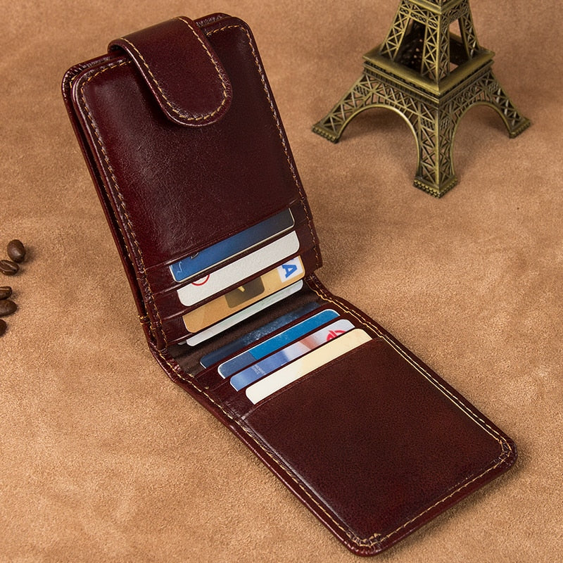 Mini billetera de cuero de vaca 100% genuino, café, RFID, tarjetero con bloqueo, funda para tarjeta de identificación, R-8121Q