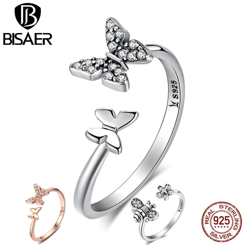 BISAER Hot Sale 925 Sterling Silver Insects Butterfly & Bee Open Rings For Women Fashion Jewelry Anneaux Engagement Ring ECR086