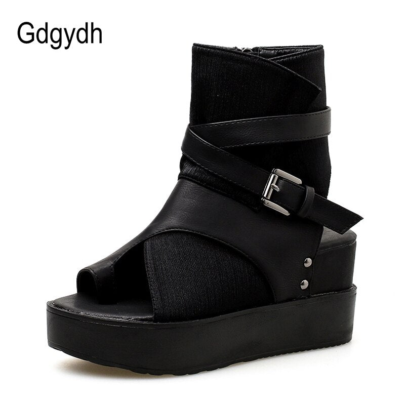 Gdgydh negro mujer botines primavera otoño Peep Toe botas de tacón plano para mujer hebilla plataforma cuñas zapatos verano cómodo