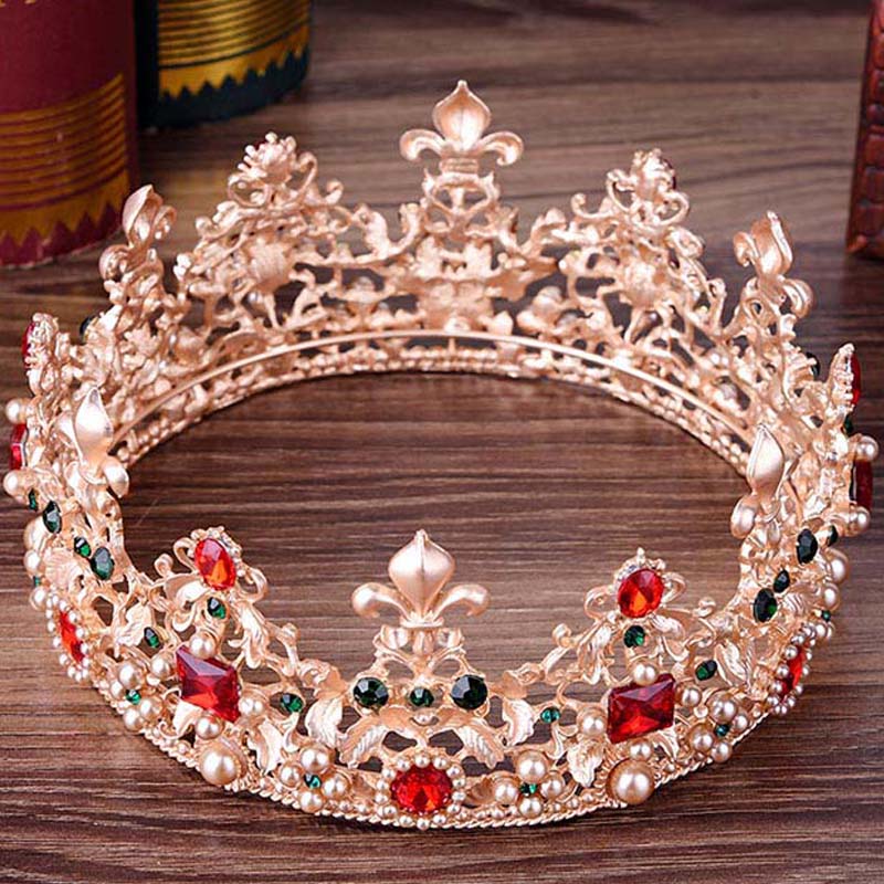 FORSEVEN Gold Full Circle Pearl Crystal Crown and Tiara Bridal Coronal Diadem Headpiece Hair Jewelry Wedding Accessories JL