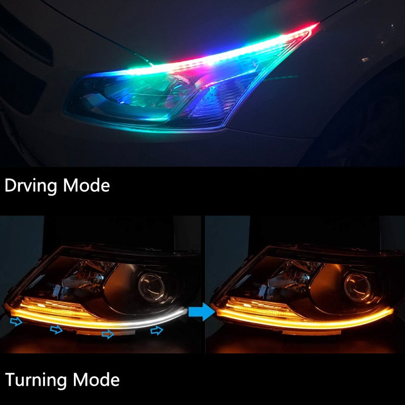 2 Stücke Universal Flexible Fließende RGB Tagfahrlicht DRL Multi Farbe LED Streifen Blinker Für Scheinwerfer