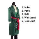 5 UNIDS Anime Japonés Roronoa Zoro Cosplay Traje Comic Halloween Cosplay traje Conjunto Completo peluca y pañuelo envío gratis