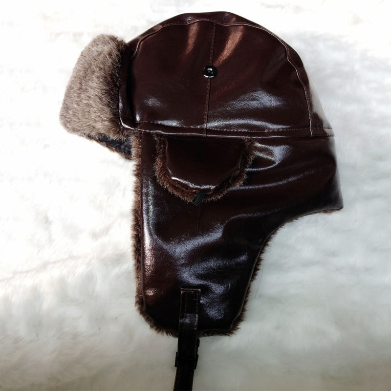 Sombrero de bombardero con orejeras para hombre Invierno Faux Leather Fur Russian Earflap Trapper Cap Aviator Fleece Beanie Hombre