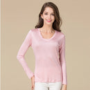 SuyaDream Damen T-Shirt Naturseide Lange Ärmel V-Ausschnitt Solides Basic Shirt Rosa Blau Lila Bottoming Top