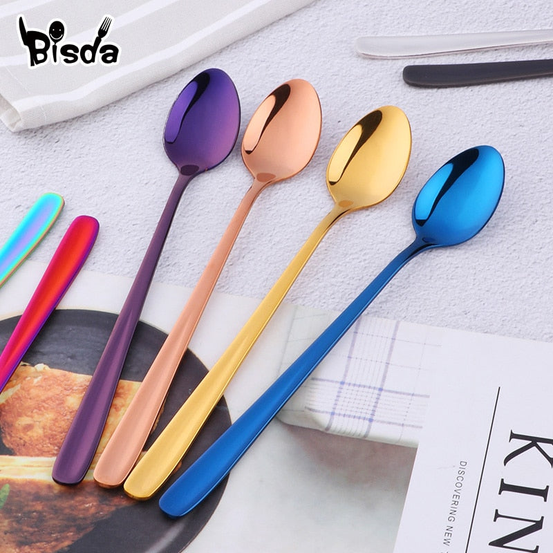 Stainless Steel Ice Spoon 8 Colors Dessert Scoop for Ice Cream Long Handle Honey Spoons Set Gold Yogurt Stirring Tools Mixing