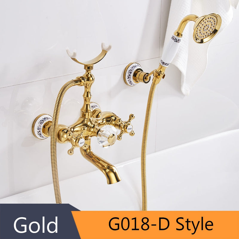 Bathtub Faucets Luxury Gold Brass Bathroom Faucet Mixer Tap Wall Mounted Hand Held Shower Head Kit Shower Faucet Sets HS-G018