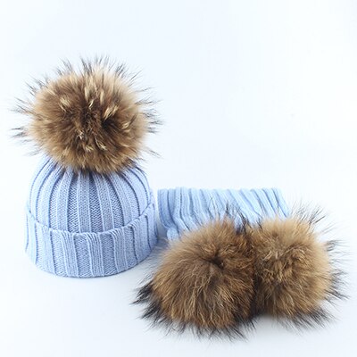 Children Real Fur Pompom Beanie Warm Knitted Hat and Scarf Set Boys Girls Winter Baby Cap