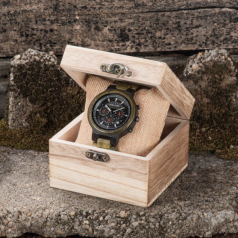 BOBO BIRD, reloj de madera de sándalo verde, relojes para hombre, cronógrafo, relojes de cuarzo, reloj ultraligero masculino, grandes regalos