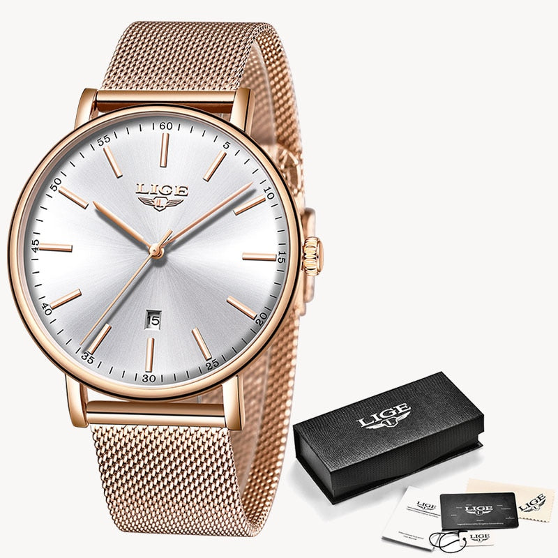 LIGE, relojes para mujer, marca superior, reloj resistente al agua de lujo, reloj de pulsera informal ultrafino de acero inoxidable para mujer, reloj de cuarzo