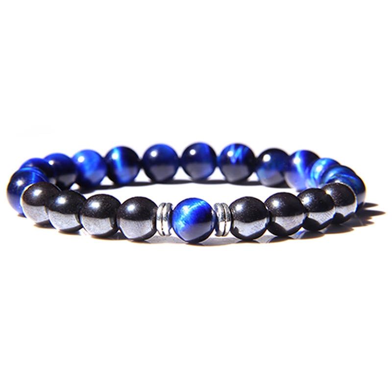Natural Royal Blue Tiger Eye Stone &amp; Black Onyx Beads Bracelet Men Jewelry Elastic Rope Men Women Yoga Meditation Charm Bracelet