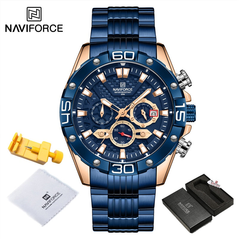 NAVIFORCE Modeuhren für Herren Luxus Original Classic Quarzuhr Analog Chronograph Sport Wasserdicht Stahlband Armbanduhr