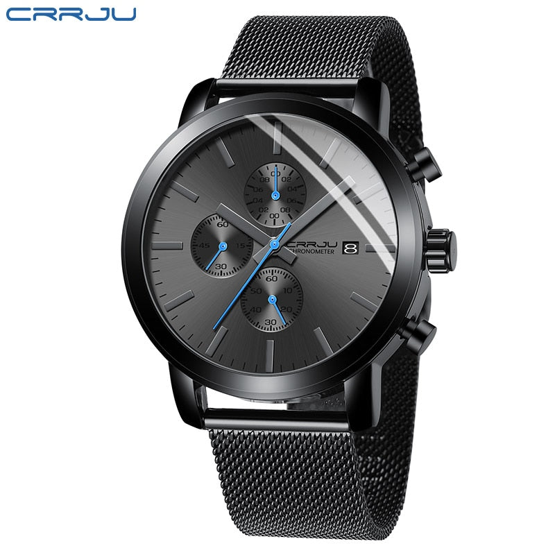 Reloj para hombre CRRJU, reloj de pulsera de acero inoxidable de lujo para hombres de negocios, reloj militar resistente al agua con fecha, relojes de cuarzo, reloj masculino
