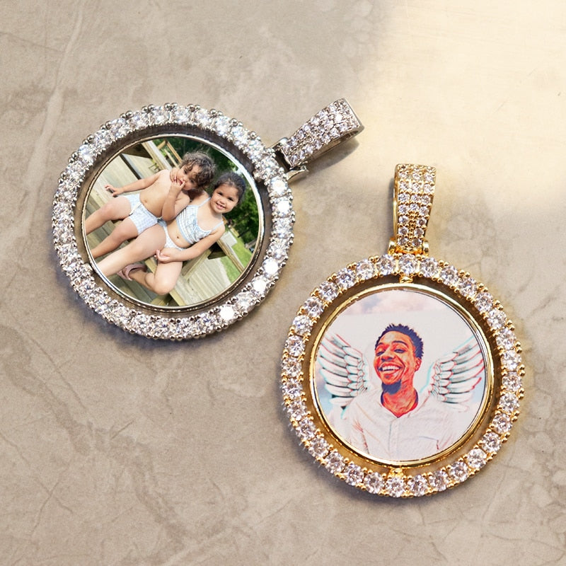 D&amp;Z Custom Made Photo Rotating Double-Sided Medaillons Pendant Micro Paved CZ Round Pendant Collier For Men Women Accessories