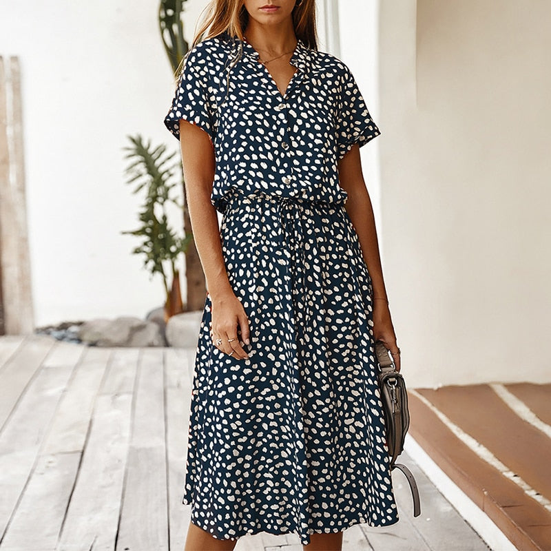 Mode Frauen Kleider Sommer Boho Dot Print Hohe Taille Hemdkleid Casual Holiday Beach Kurzarm Damen Midikleid