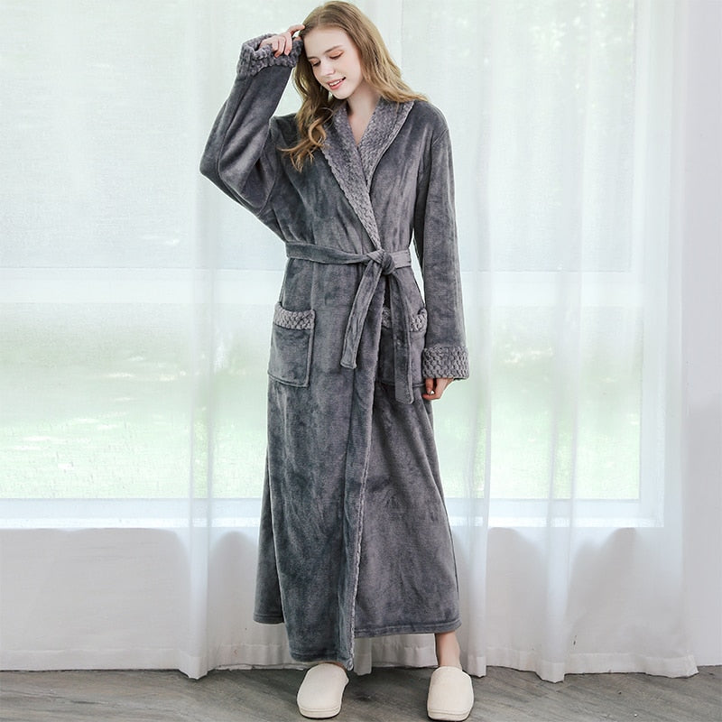 Men Winter Plus Size Long Coral Fleece Bathrobe Kimono Warm Flannel Bath Robe Men Cozy Robes Night Sleepwear Women Dressing Gown