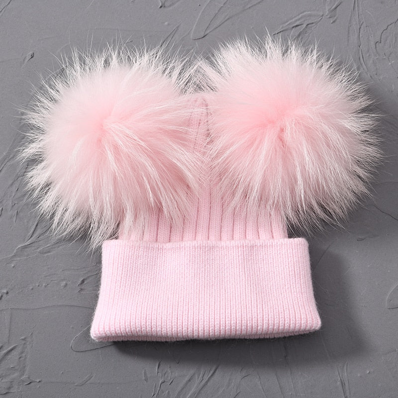 Double Real Raccoon Fur Pompom Hat Women Winter Caps Knitted Wool Hats Skullies Beanies Girls Female Two Fur Pom Pom Beanie Hat