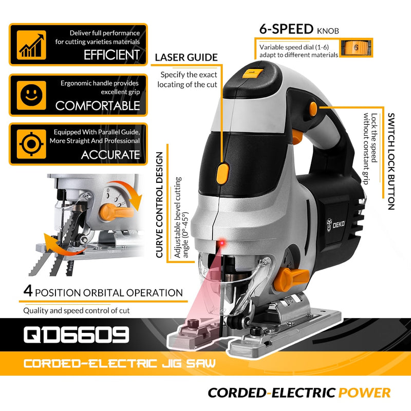DEKO Stichsäge Electric Home Power Tools Gehrungssägemaschine DKJS80Q1 Laser Variable Geschwindigkeit mit Metallführungslineal, Klinge, Inbusschlüssel