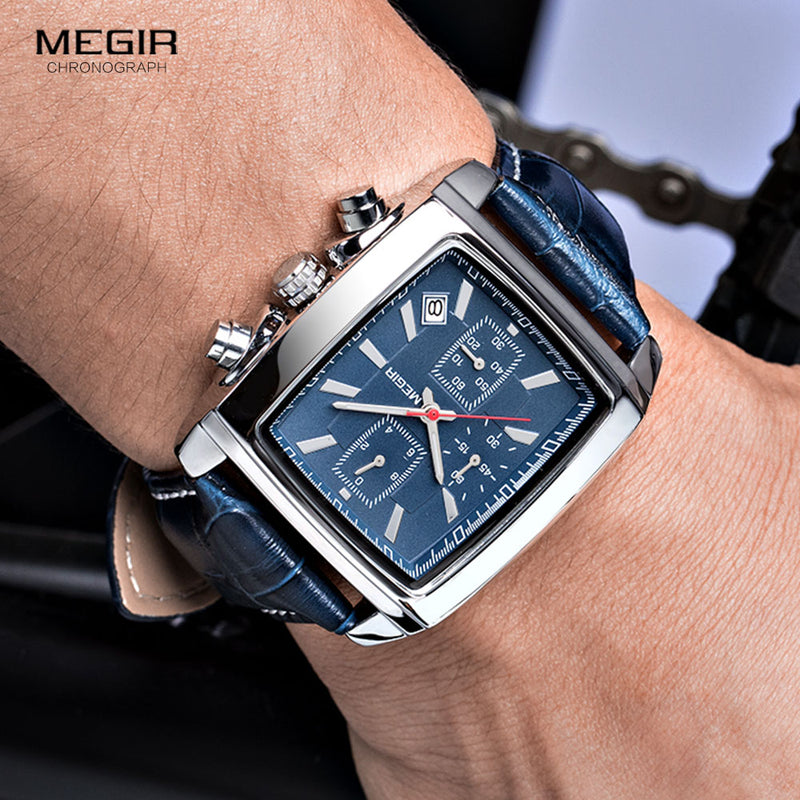 Megir Rectangle Dial Leather Strap Watch for Men Casual Blue chronograph quartz watches Man Wristwatch montre reloj часы мужские