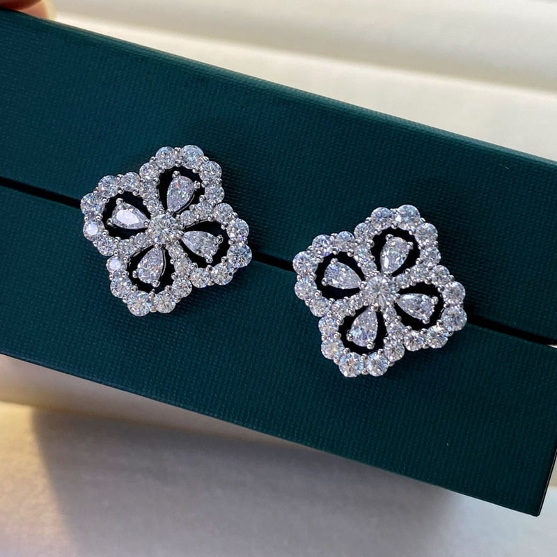 OEVAS 100% 925 Sterling Sparkling Full High Carbon Diamond Hollow Out Four Leaf Clover Stud Earrings For Women Fine Jewelry Gift